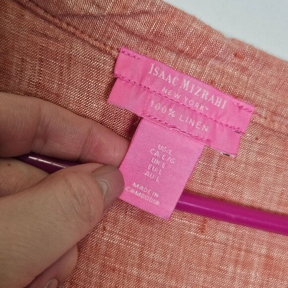 Isaac Mizrahi Linen V-Neck Top Roll Tab Sleeve Lagenlook Boxy Coral Natural L - Picture 3 of 9
